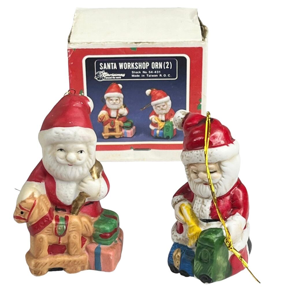 Santa Workshop Ceramic Ornaments 3.5" Christmas Around The World Vtg 80s Box 2